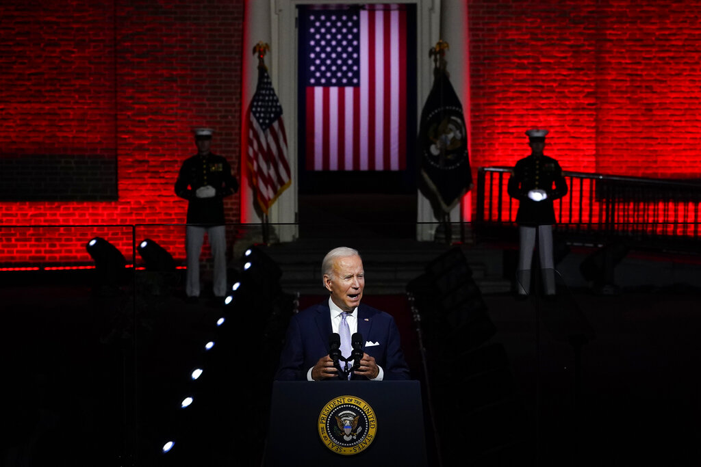 Biden’s ‘blood red’ backdrop steals show in speech attacking MAGA