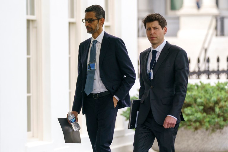 Alphabet CEO Sundar Pichai, left, and OpenAI CEO Sam Altman arrive to the White House for a meeting with Vice President Kamala Harris on artificial intelligence, Thursday, May 4, 2023, in Washington. As concerns grow over increasingly powerful artificial intelligence systems like ChatGPT, the nation's financial watchdog says it's working to ensure that companies follow the law when they're using AI. 