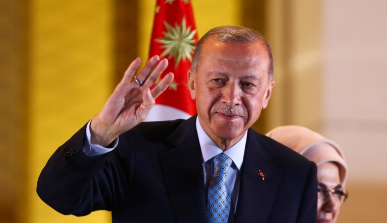 Turkish President and People's Alliance's presidential candidate Recep Tayyip Erdogan makes a speech at the presidential palace, in Ankara, Turkey, Sunday, May 28, 2023. Turkish President Recep Tayyip Erdogan has dissipated a challenge by an opponent who sought to reverse his increasingly authoritarian leanings, securing five more years to oversee the country at the crossroads of Europe and Asia that plays a key role in NATO.