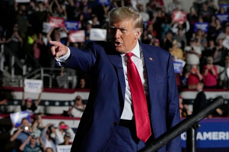 Republican presidential candidate, former President Donald Trump arrives for a campaign rally, Saturday, July 29, 2023, in Erie, Pa. 