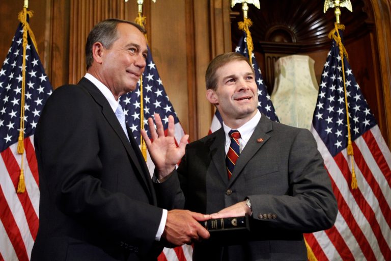 House Speaker John Boehner of Ohio participates in a ceremonial swearing-in with Rep. Jim Jordan (R-OH) on Capitol Hill in Washington, Wednesday, Jan. 5, 2011. 
