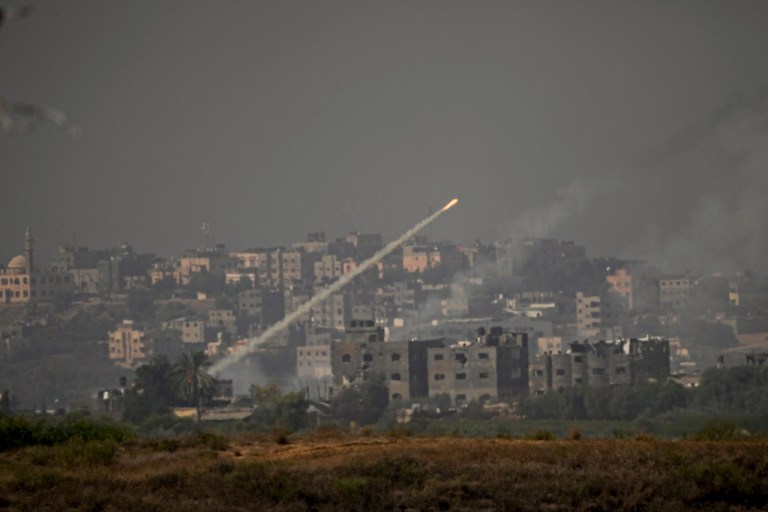 Rockets are fired toward Israel from the Gaza Strip, as seen from southern Israel, Monday, Oct. 23, 2023.