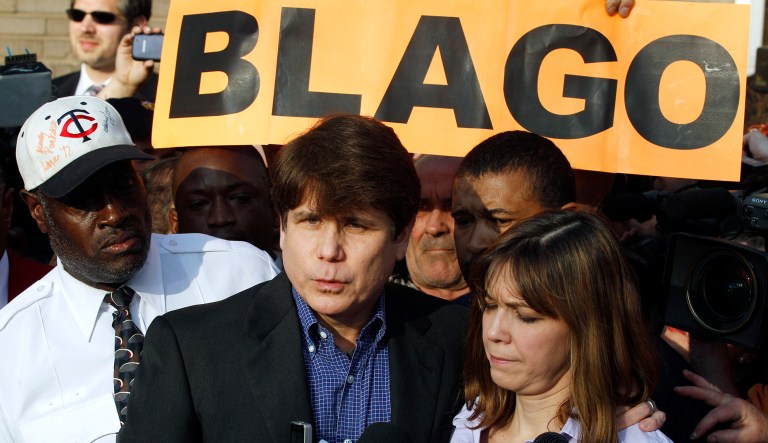 Former Illinois Gov. Rod Blagojevich, with his wife Patti, speaks to the media Wednesday, March 14, 2012 in Chicago. The 55-year-old Democrat is due to report to a prison in Colorado on Thursday to begin serving a 14-year sentence, making him the second Illinois governor in a row to go to prison for corruption.
