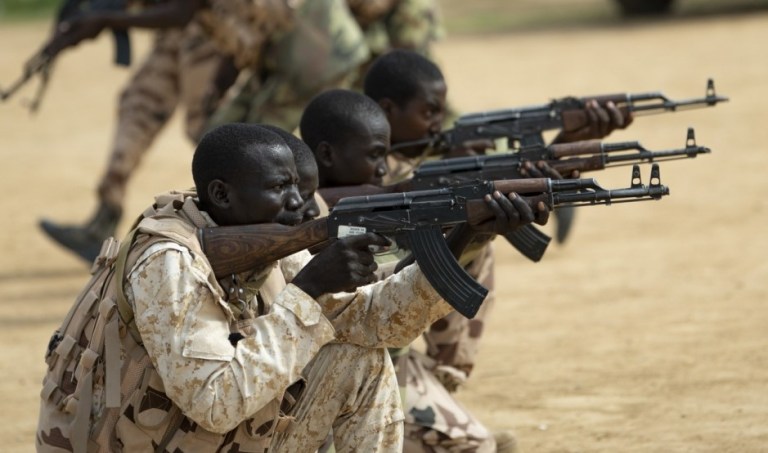 Chadian Special Anti-Terrorism Group trainees practice battlefield maneuvers of advance and retreating on a position during a border patrol exercise led by the U.S. Regionally Aligned Force (RAF) from Fort Stewart, Georgia, July 30, 2019. 