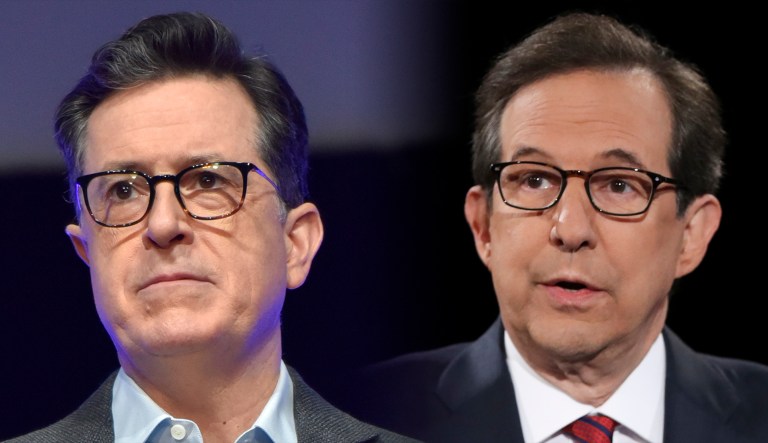 Stephen Colbert (left) and Chris Wallace (right) are seen.