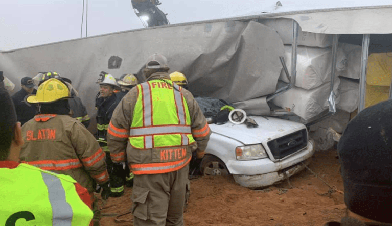 WATCH: Dramatic video captures semi-truck losing control and crashing into scene of another accident