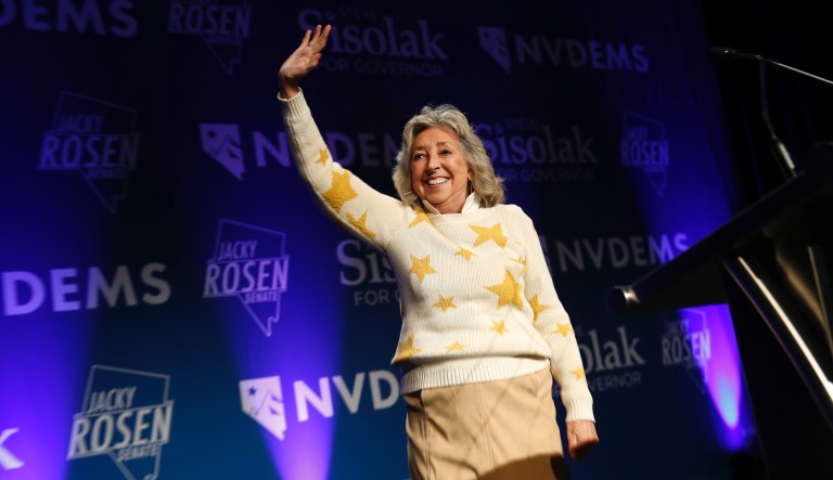 Rep. Dina Titus, D-Nev., waves while speaking at a Democratic election night party Tuesday, Nov. 6, 2018, in Las Vegas.