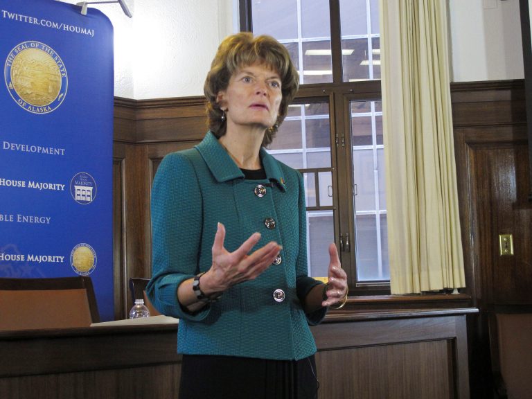 U.S. Sen. Lisa Murkowski, R-Alaska, speaks with reporters after delivering an address to a joint session of the state Legislature on Wednesday, Feb. 18, 2015, in Juneau, Alaska. (AP Photo/Becky Bohrer)