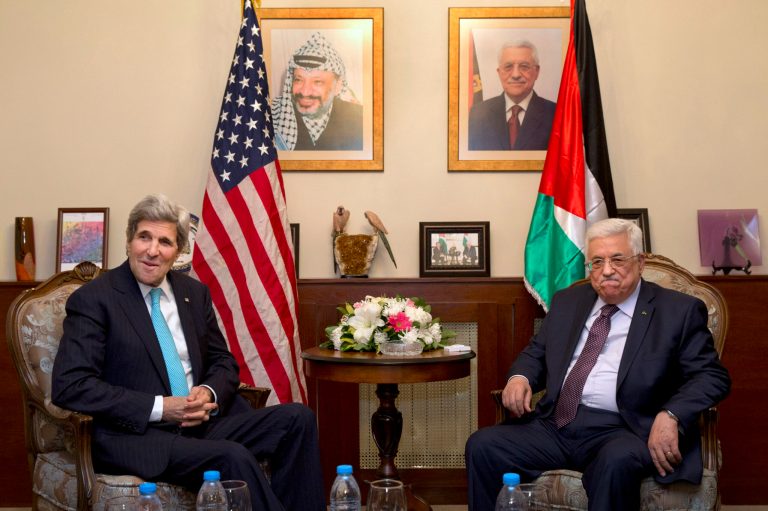 Secretary of State John Kerry meets with Palestinian President Mahmoud Abbas on March 26 at the Palestinian Ambassador's Residence in Amman, Jordan. (AP/Jacquelyn Martin)