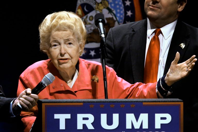 Phyllis Schlafly, who led the social conservative movement for decades and endorsed Donald Trump in March, died Monday at the age of 92. (AP Photo/Seth Perlman)