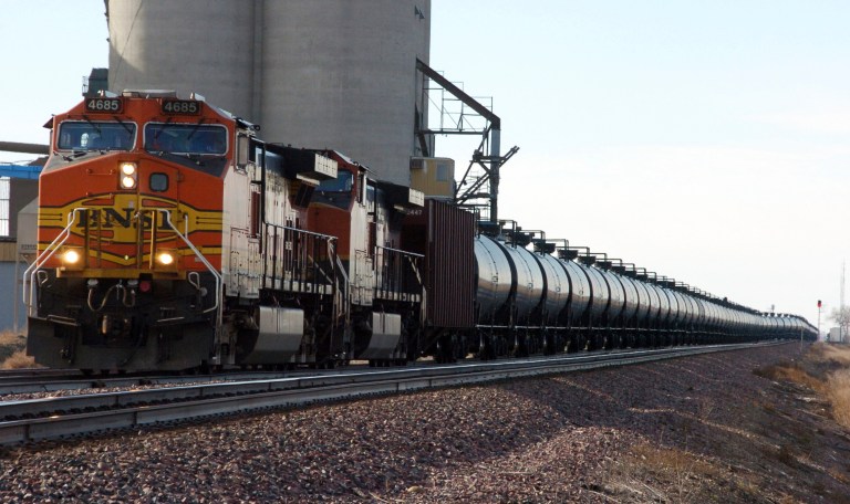 Aa BNSF Railway train hauls crude oil near Wolf Point, Mont. (AP/Matthew Brown)