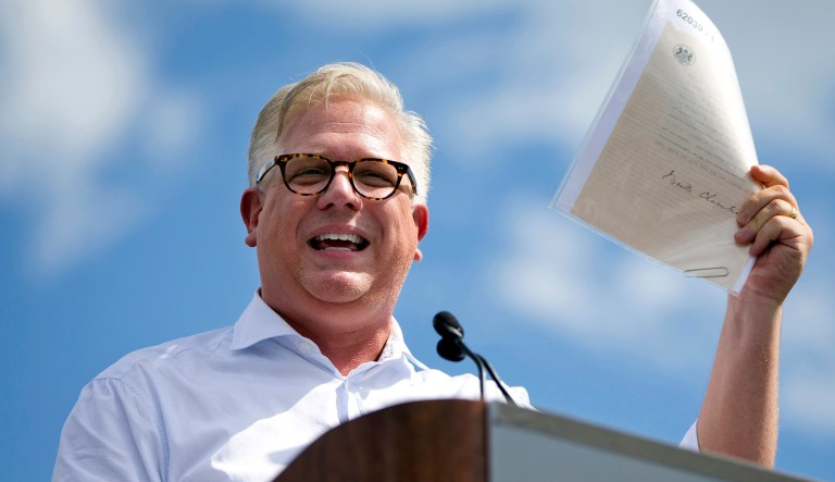 In this Wednesday Sept. 9, 2015, file photo, radio host Glenn Beck speaks during a Tea Party rally against the Iran deal on the West Lawn of the Capitol in Washington. SiriusXM announced May 31, 2016, that Beck was being suspended over his comments in a May 25, 2016, interview with author Brad Thor.