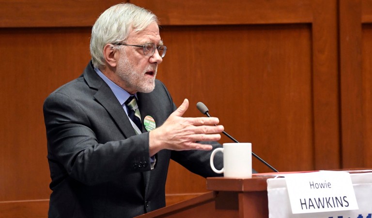 Green Party gubernatorial candidate Howie Hawkins, takes part in a gubernatorial debate sponsored by the League of Women Voters at The College of Saint Rose Thursday, Nov. 1, 2018, in Albany, N.Y. 