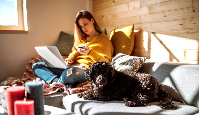 A young woman purchases online with her credit card. A dog sits beside her.