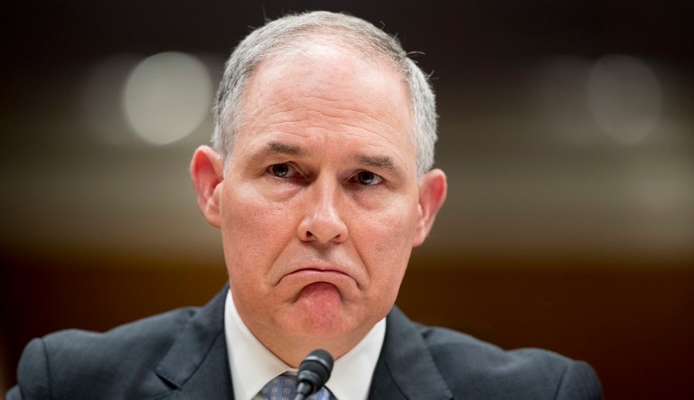 Environmental Protection Agency Administrator Scott Pruitt reacts while testifying before a Senate Appropriations subcommittee on the Interior, Environment, and Related Agencies on budget on Capitol Hill in Washington, Wednesday, May 16, 2018. Pruitt goes before a Senate panel Wednesday as he faces a growing number of federal ethics investigations over his lavish spending on travel and security.