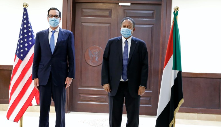 Sudanese Prime Minister Abdullah Hamdok welcomes US Treasury Secretary Stephen Mnuchin to the Cabinet Building.Treasury Secretary Stephen Mnuchin  is on a 1-day official visit to Sudan to meet with al-Burhan and other government officials. In Khartoum, Sudan, Wednesday, Jan.. 6, 2021.
