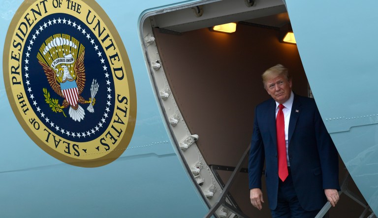 President Donald Trump walks down the steps of Air Force One at Columbia Metropolitan Airport in West Columbia, S.C., Monday, June 25, 2018. Trump is campaigning for Republican Gov. Henry McMaster, returning the favor after McMaster provided Trump with an early endorsement in his presidential campaign.