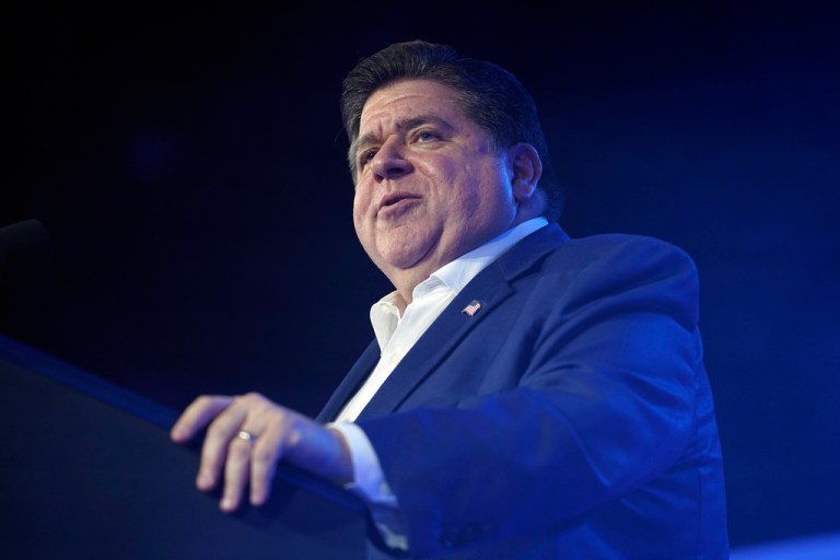 Illinois Gov. JB Pritzker speaks before President Joe Biden at an event with United Auto Workers at the Community Building Complex of Boone County, Thursday, Nov. 9, 2023, in Belvidere, Ill. (AP Photo/Evan Vucci)