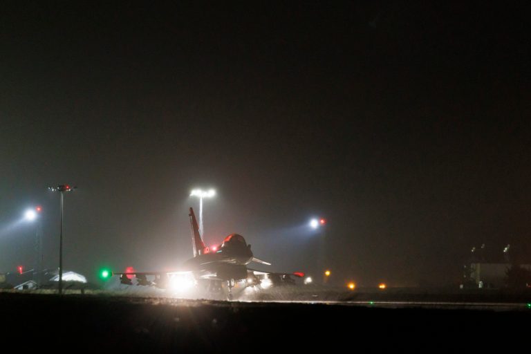 In this image provided by the U.K. Ministry of Defence, a Royal Air Force Typhoon FGR4 takes off to carry out air strikes against Houthi military targets in Yemen from RAF Akrotiri, Cyprus, Monday, Jan. 22, 2024.