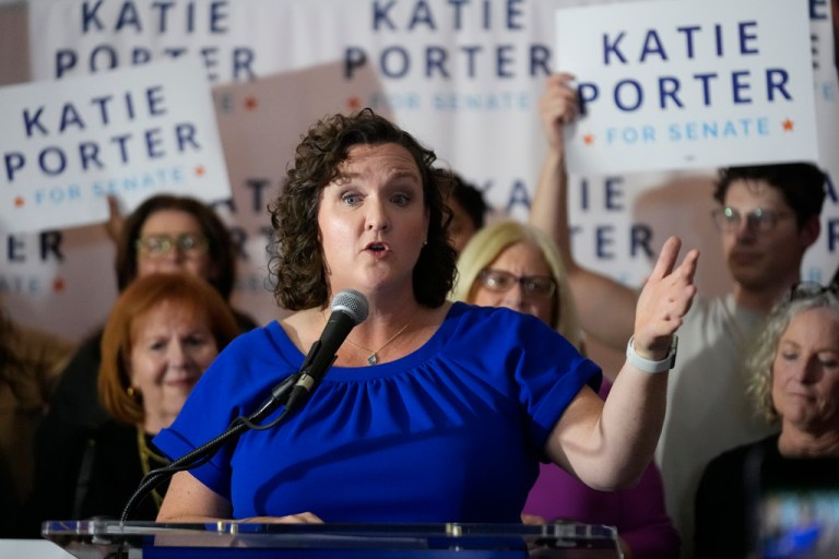 U.S. Rep. Katie Porter, D-Calif., speaks to supporters at an election night party, Tuesday, March 5, 2024, in Long Beach, Calif. (AP Photo/Damian Dovarganes)