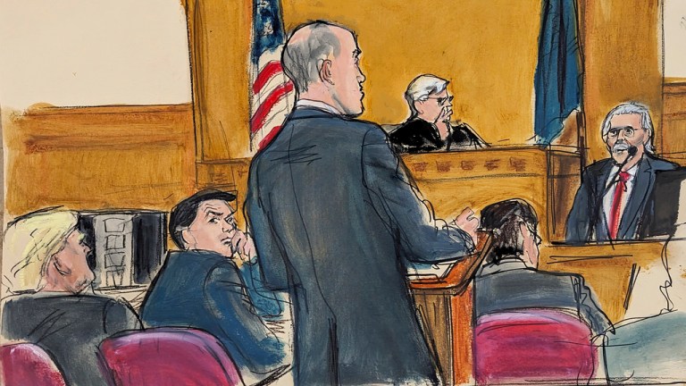 Donald Trump, far left, and defense attorney Todd Blanche, second from left, listen as defense attorney Emil Bove cross examines David Pecker on the witness stand, Friday, April 26, 2024, in New York. (Elizabeth Williams via AP)