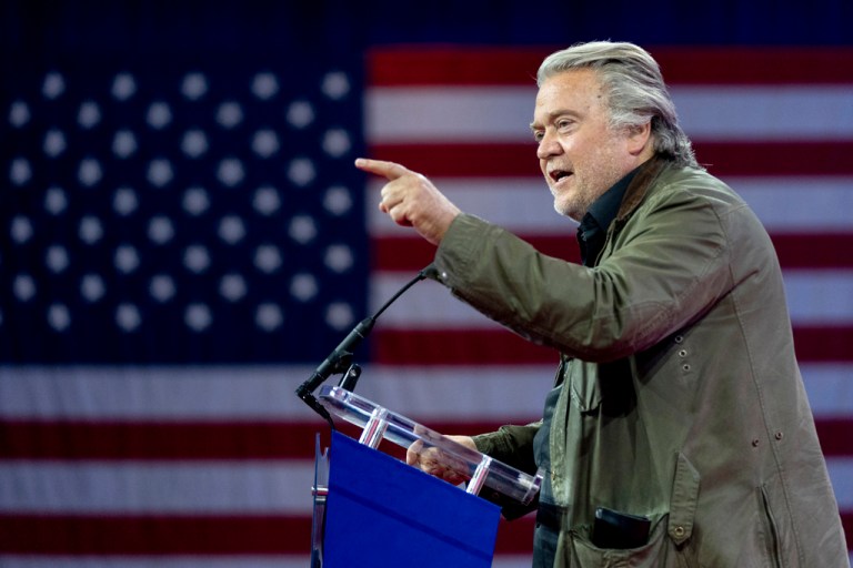 Steve Bannon, host of War Room, speaks during the Conservative Political Action Conference, CPAC 2024, at National Harbor, in Oxon Hill, Maryland, Saturday, Feb. 24, 2024.