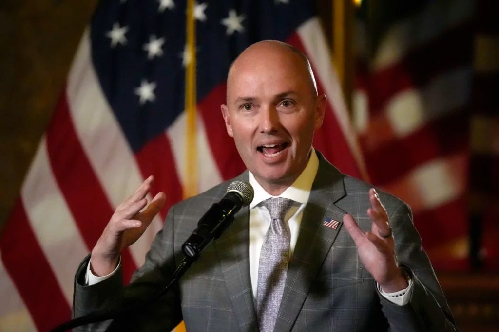 FILE - Utah Gov. Spencer Cox speaks during a news briefing on March 1, 2024, in Salt Lake City. 