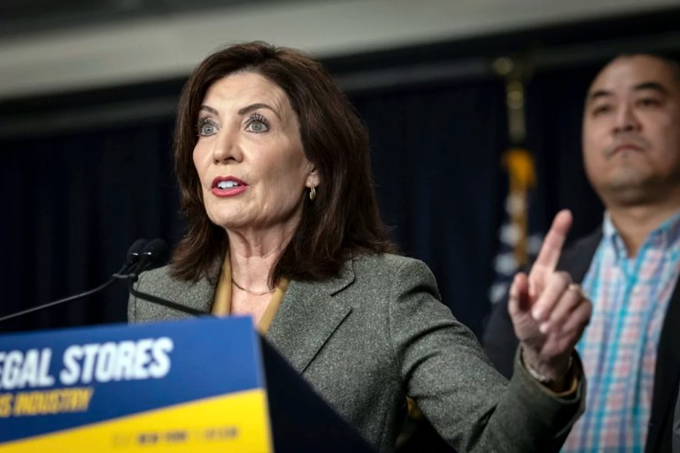 Gov. Kathy Hochul (D-NY) speaks at a press conference regarding the proliferation of illegal cannabis stores, Wednesday, Feb. 28, 2024, in New York.