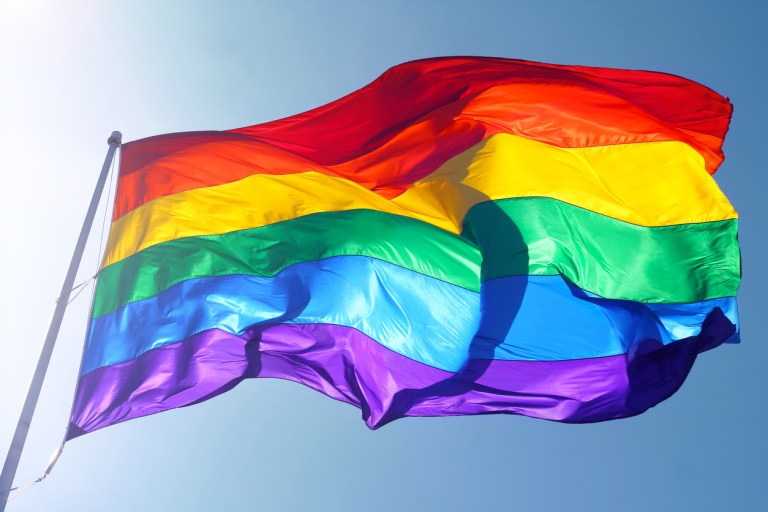 Big rainbow flag is waving in the wind with sun shining through (Credit: iStock)