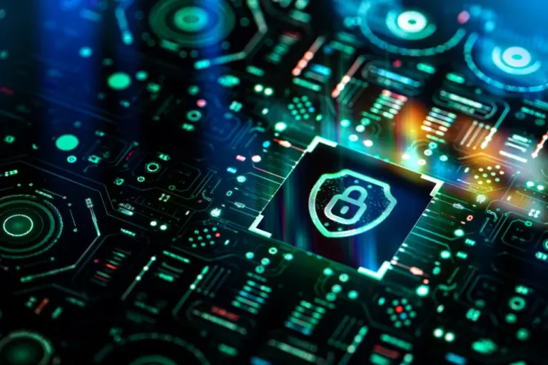 Cyber and crypto security shield on futuristic screen technology background