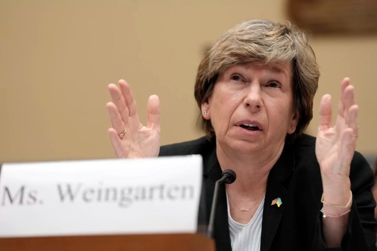 Randi Weingarten, president of the American Federation of Teachers, testifies during a House Oversight and Accountability subcommittee hearing on COVID-19 school closures, Wednesday, April 26, 2023.