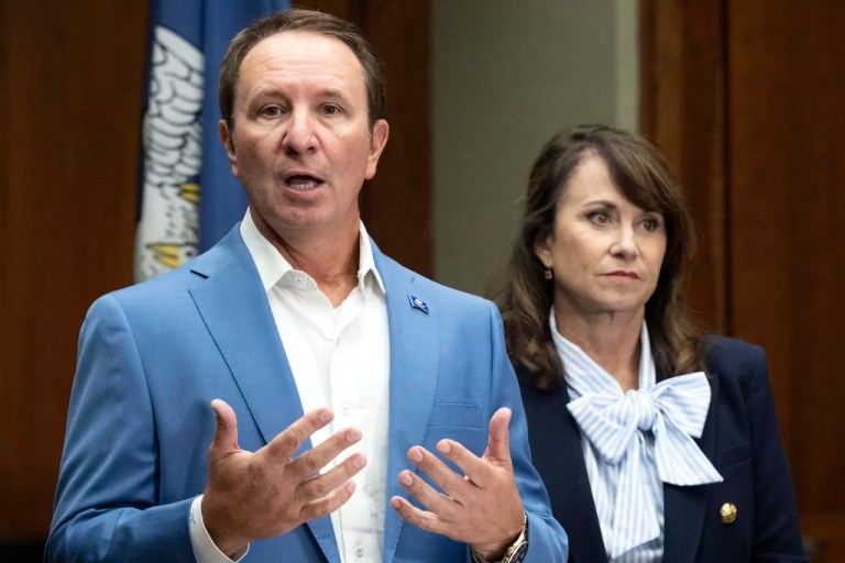 Landry speaks alongside Murrill during a press conference regarding the Ten Commandments in schools Monday, Aug. 5, 2024, in Baton Rouge, La. Murrill announced on Monday that she is filing a brief in federal court asking a judge to dismiss a lawsuit seeking to overturn the state’s new law requiring that the Ten Commandments be displayed in every public school classroom. (Hilary Scheinuk/The Advocate via AP)