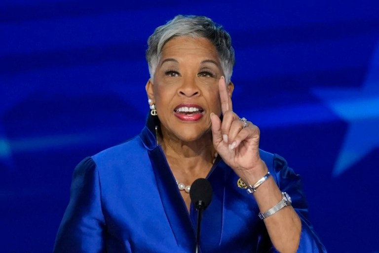 Rep. Joyce Beatty, D-Ohio., speaking during the Democratic National Convention on Monday, Aug. 19, 2024, in Chicago. (AP Photo/J. Scott Applewhite)