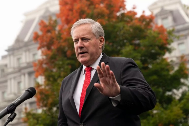 FILE - Then-White House chief of staff Mark Meadows speaks with reporters at the White House,, Oct. 21, 2020, in Washington. (AP Photo/Alex Brandon, File)