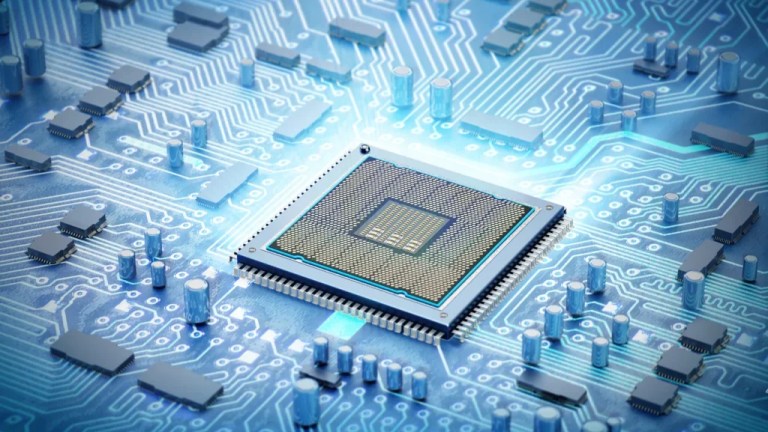 A 3D illustration of a glowing CPU installed on a generic mainboard.