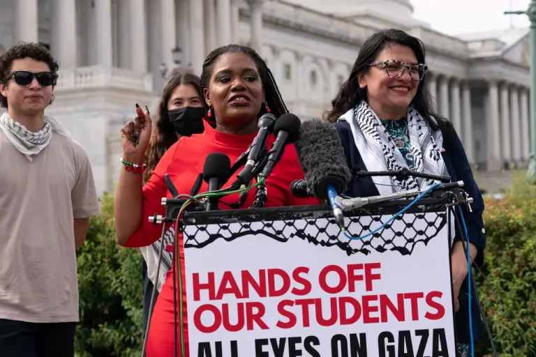 Rep. Cori Bush, D-Mo., and Rep. Rashida Tlaib, D-Mich., accompanied by George Washington University students speaks during a news conference at the U.S. Capitol, Wednesday, May 8, 2024, in Washington, after police cleared a pro-Palestinian tent encampment at George Washington University early Wednesday and arrested demonstrators. (AP Photo/Jose Luis Magana)