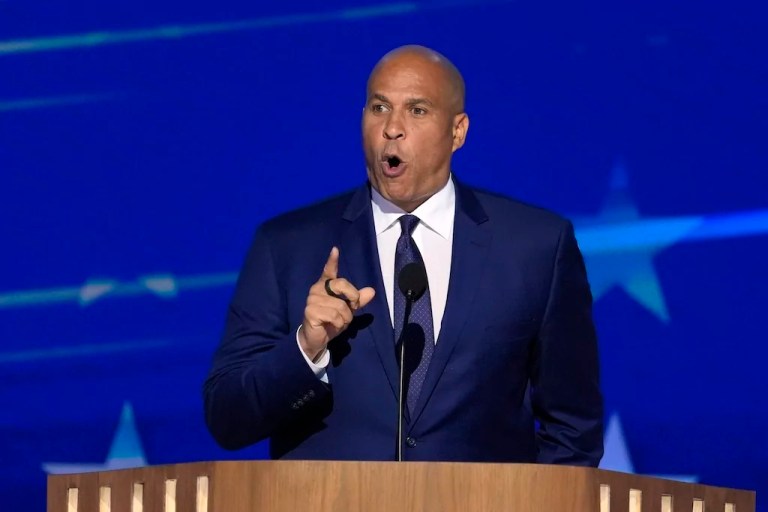 Sen. Cory Booker (D-NJ) speaks during the Democratic National Convention, Wednesday, Aug. 21, 2024, in Chicago.