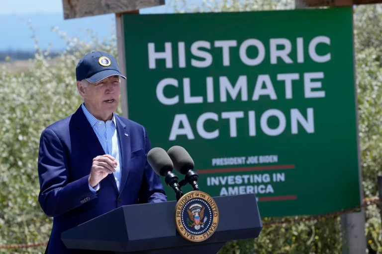 FILE - President Joe Biden speaks at the Lucy Evans Baylands Nature Interpretive Center and Preserve in Palo Alto, Calif., June 19, 2023. Biden talked about climate change, clean energy jobs and protecting the environment.