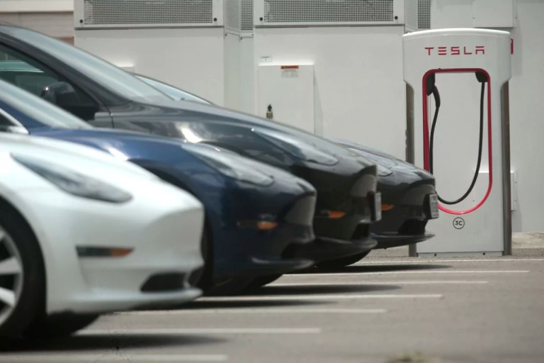 A Tesla supercharging location is seen on Kipling Street, June 3, 2024 in Houston. Charging stations have been hit particularly hard by thieves who likely want to sell the highly conductive copper wiring inside the cables at near-record prices. But authorities and charging company officials say similar thefts are increasing across the U.S. as more charging stations are built.