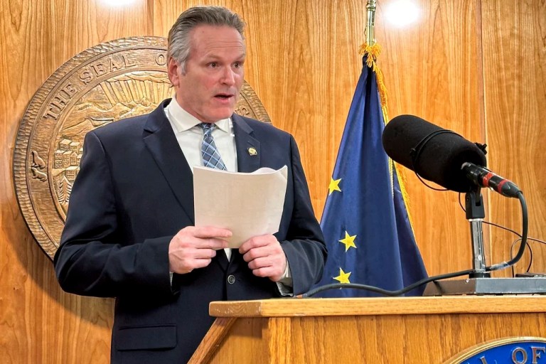 Alaska Republican Gov. Mike Dunleavy speaks to reporters during a news conference on topics including education on Wednesday, Feb. 7, 2024, in Juneau, Alaska. Dunleavy has vetoed an education funding package overwhelming passed by lawmakers and urged action on teacher bonus and charter school provisions that have been divisive among legislators. The Republican governor announced his decision hours ahead of a deadline he faced to sign the bill, veto it or let it become law without his signature