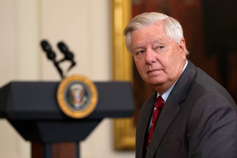 Sen. Lindsey Graham, R-S.C., waits for the arrival of President Joe Biden and the University of South Carolina Gamecocks Women's basketball team in the East Room of the White House in Washington, Tuesday, Sept. 10, 2024, for an event to welcome the and celebrate their 2023-2024 NCAA championship season.