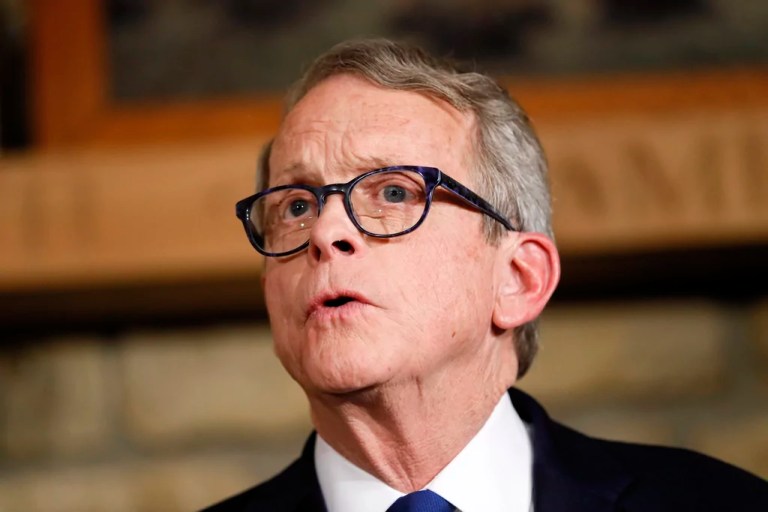 Mike DeWine speaks, Jan. 14, 2019, in Cedarville, Ohio. (AP Photo/John Minchillo, Pool, File)