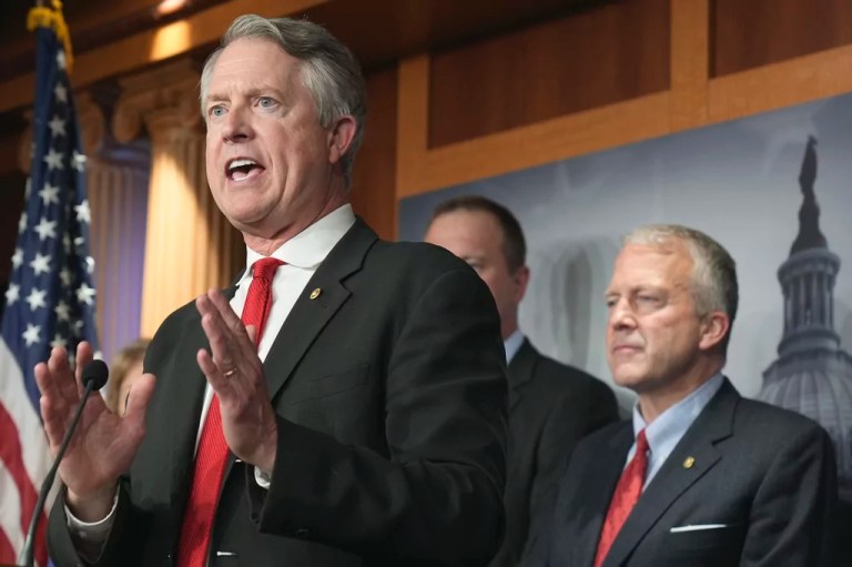 Sen. Roger Marshall, R-Kan., left, with several of his Senate colleagues discuss during a news conference on Capitol Hill Thursday, April 18, 2024, in Washington. (AP Photo/Mariam Zuhaib)