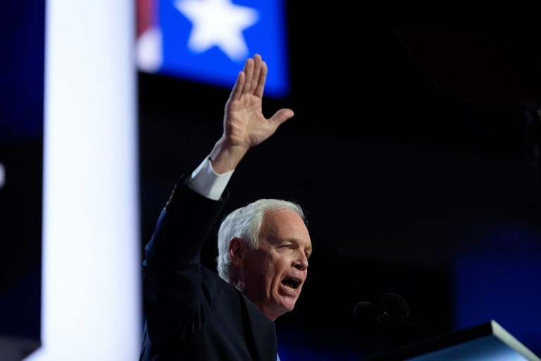 Sen. Ron Johnson (R-WI) waves during the Republican National Convention Monday, July 15, 2024, in Milwaukee.