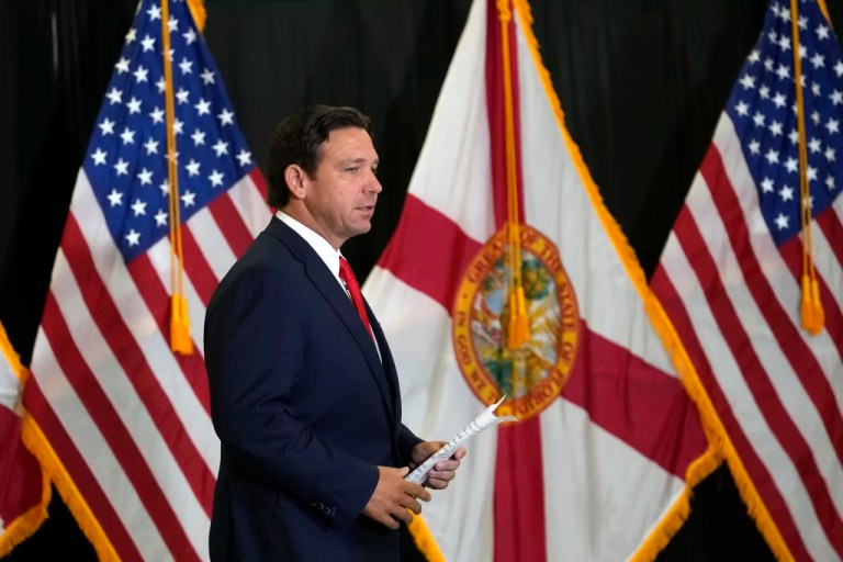 Gov. Ron DeSantis (R-FL) arrives for a news conference in the aftermath of the apparent assassination attempt on President Donald Trump Tuesday, Sept. 17, 2024, in West Palm Beach, Florida.
