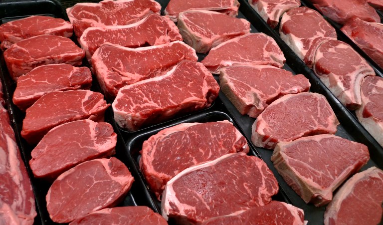 FILE - In this Jan. 18, 2010 file photo, steaks and other beef products are displayed for sale at a grocery store in McLean, Va. Republicans are increasingly using food — especially beef — as a cudgel in the culture war. In statements, tweets and fundraising emails, prominent GOP governors and senators have accused climate-minded Democrats of trying to push Americans to eat less red meat. (AP Photo/J. Scott Applewhite, File)