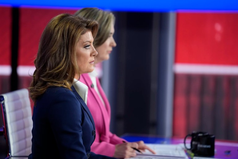 Moderators Norah O'Donnell and Margaret Brennan listen as Sen. JD Vance (R-OH), Republican vice presidential nominee, speaks during a vice presidential debate hosted by CBS News, with Gov. Tim Walz (D-MN), Democratic vice presidential candidate Minnesota, Tuesday, Oct. 1, 2024, in New York.