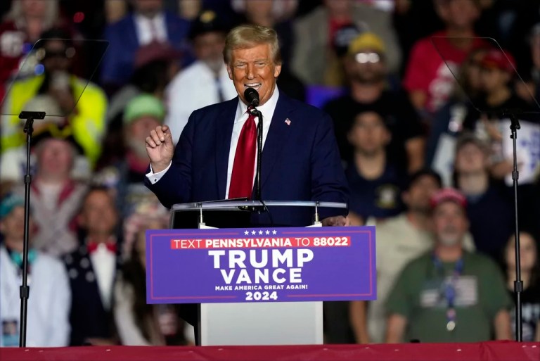 Republican presidential nominee former President Donald Trump speaks at a campaign rally at PPL Center, Tuesday, Oct. 29, 2024, in Allentown, Pa. (AP Photo/Matt Rourke)