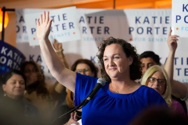 Rep. Katie Porter (D-CA) waves at supporters at an election night party, Tuesday, March 5, 2024, in Long Beach, Calif. Porter built a social media reputation by wielding a white board at congressional hearings, and that helped propelled her campaign for the Senate. But on Super Tuesday, the numbers didn't add up for her in the primary and she'll be out of a job in Washington come January.