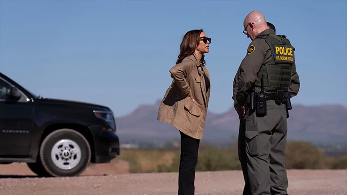 Democratic presidential nominee Vice President Kamala Harris talks with John Modlin, the chief patrol agent for the Tucson Sector of the U.S. Border Patrol, and Blaine Bennett, the U.S. Border Patrol Douglas Station border patrol agent in charge, as she visits the U.S. border with Mexico in Douglas, Ariz., Friday, Sept. 27, 2024. (Carolyn Kaster/AP)